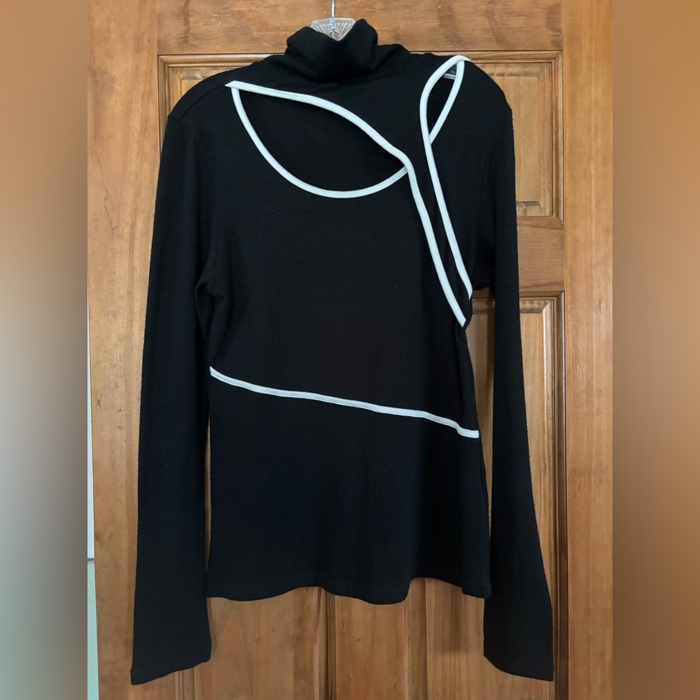 PattyBoutik Black Sweater with White Trim and Asymmetric Collar Detail
